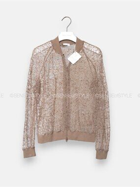 Brunello Cucinelli Mesh Bomber Jacket Cardigan Sequin Embellishments Size M